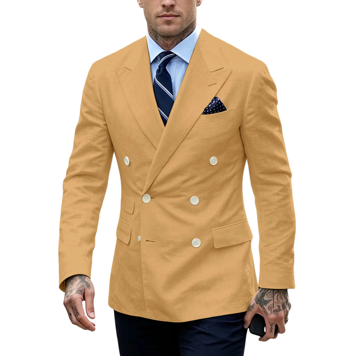 Men's Double Breasted Blazer Slim Fit Linen Suit Jacket Formal Business Casual Tuxedo for Wedding Prom Office Party Daily Wear