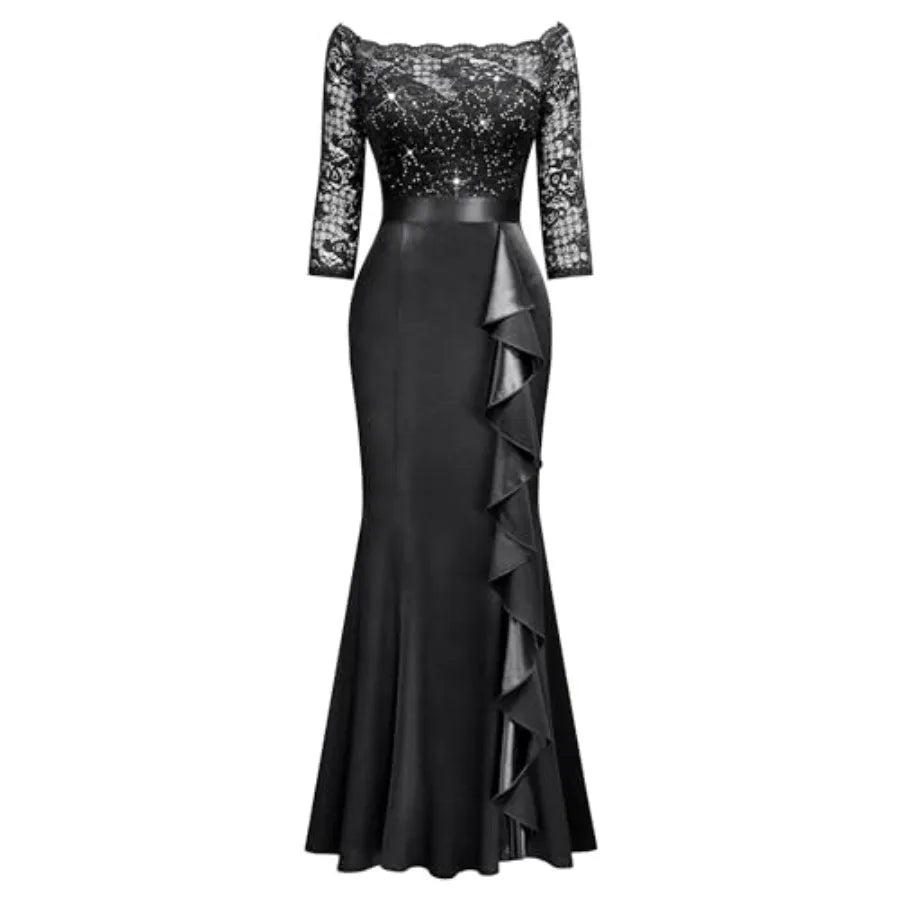 Women's Sexy Off Shoulder Floral Lace Formal Wedding Party Maxi Dress