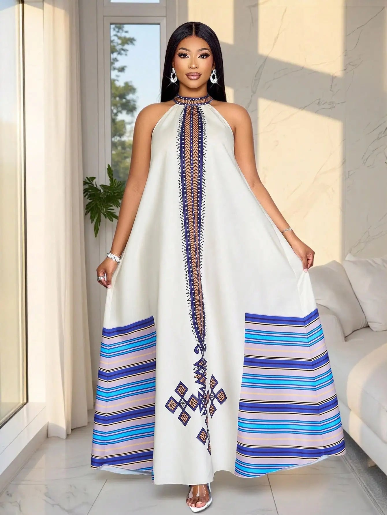 Plus Size Women Sleeveless Halter Neck A-Line Printed Long Dress With Pockets