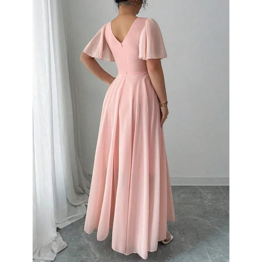 【New style】 Elenzya Plus Size Women Chiffon Ruffle Sleeve V-Neck A-Line Dress, Simple Elegant Romantic Graceful Flowing