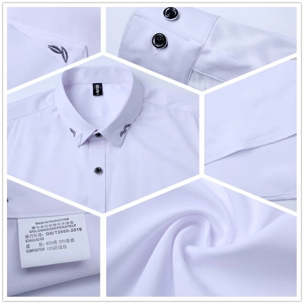 BROWON Brand Silky Formal Shirt Men Classic Business Long Sleeve Solid Color Embroidery Collar Slim Fit Shirt Brand-clothing