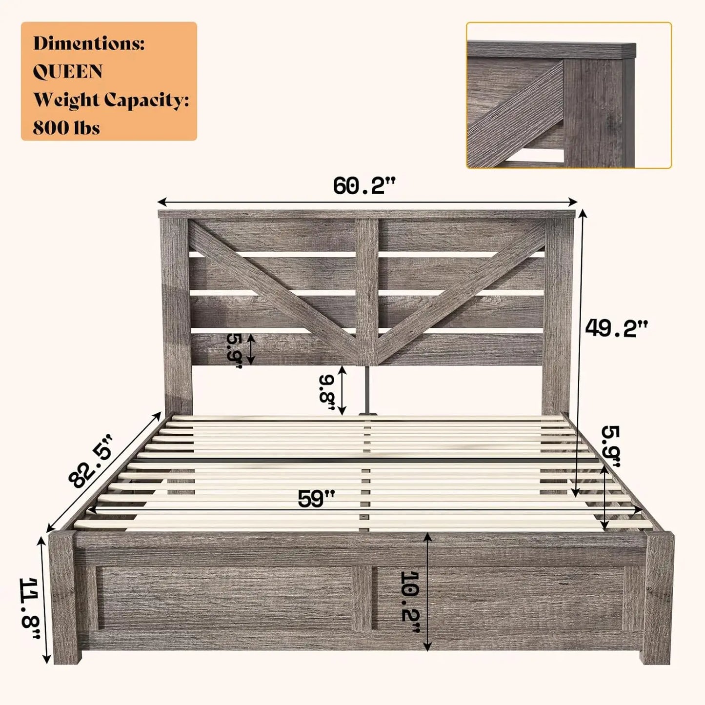 Queen Size Bed Frame with 49.2" Barn Door Headboard and Footboard, Farmhouse Platform Bed Frame with Wood Slats, No, Customized