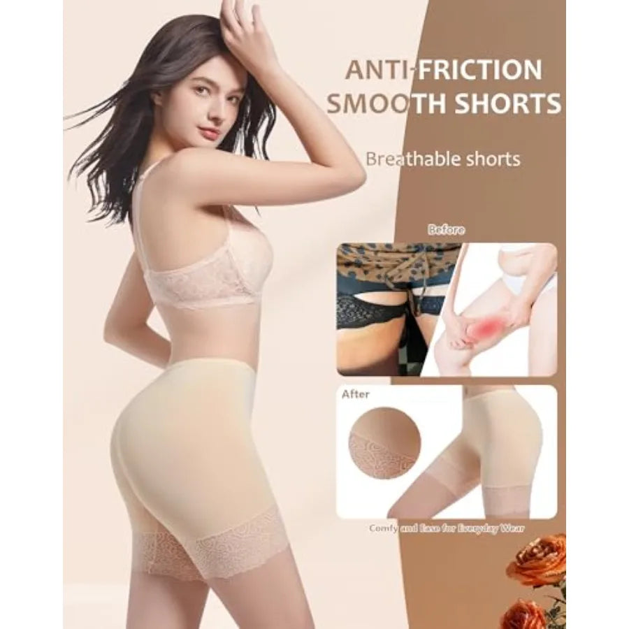 Women's Cooling Slip Shorts for Under Dresses Anti Chafing Shorts - 4-Way Stretch Nylon, Stay-Put Lace, Thin Waist