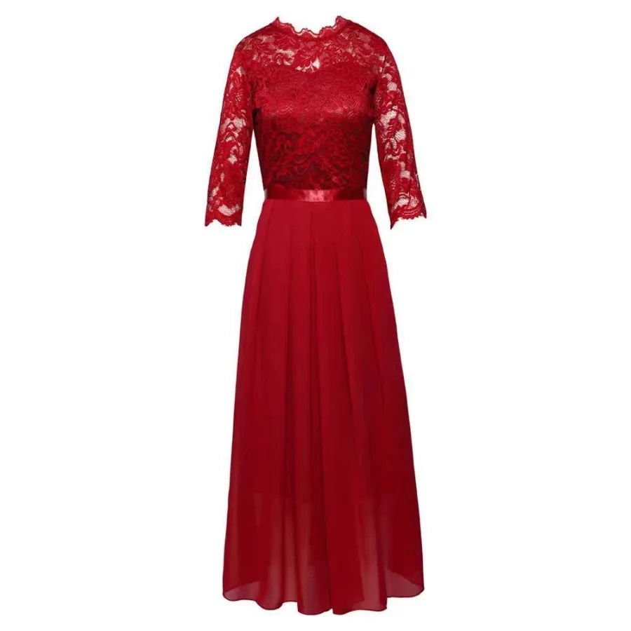 【New style】2026  evening dress European  stitching chiffon dress round neck lace long dress evening dress women