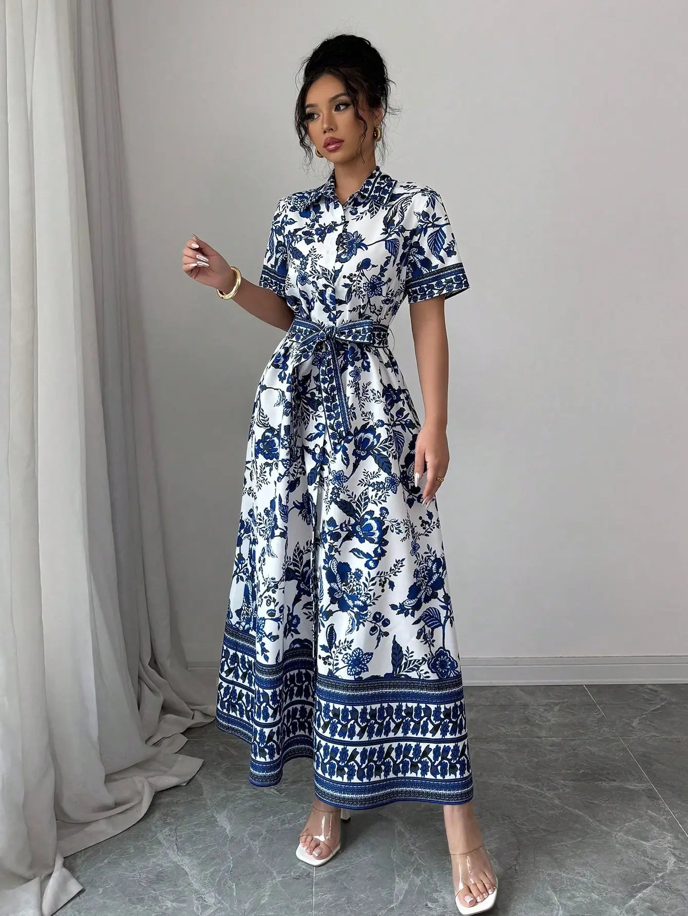 Casual Vacation Collared Button Up Porcelain Floral Print Flare Dress