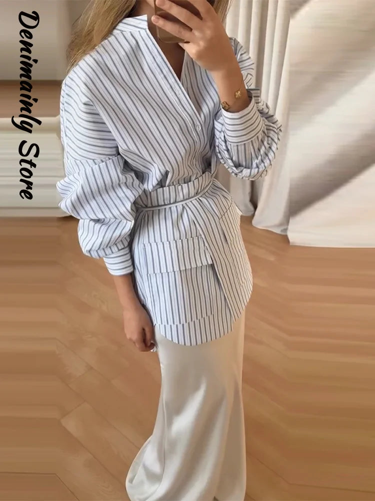 Fashion Women's Striped Shirt Casual Stand Up Collar Long Sleeved Detachable Lace Up Skirt 2026 Spring Lady Commuting Outfit New