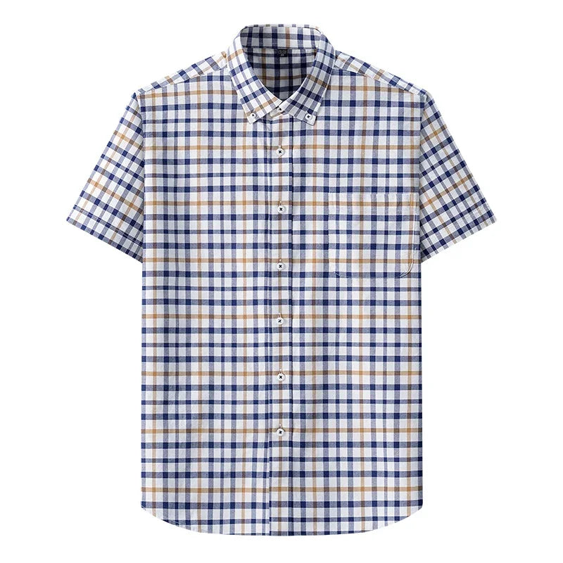 Browon Men Classic Short Sleeve Plaid Cotton Oxford Shirt