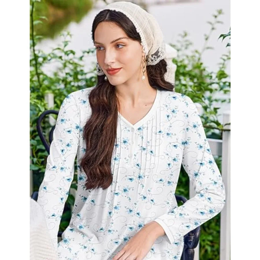 Ekouaer Cotton Nightgowns for Women Long Sleeve Nightgown Full Length Night Gown Soft Comfy Nightdress Button Sleep Shirts