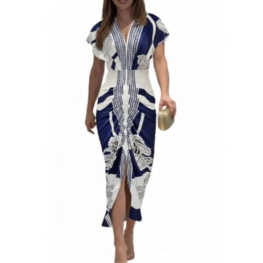 CHICME Summer Dresses for Women Floral Print Plunge V Neck Midi Dress Casual Ruched Slit Bodycon Party Dress