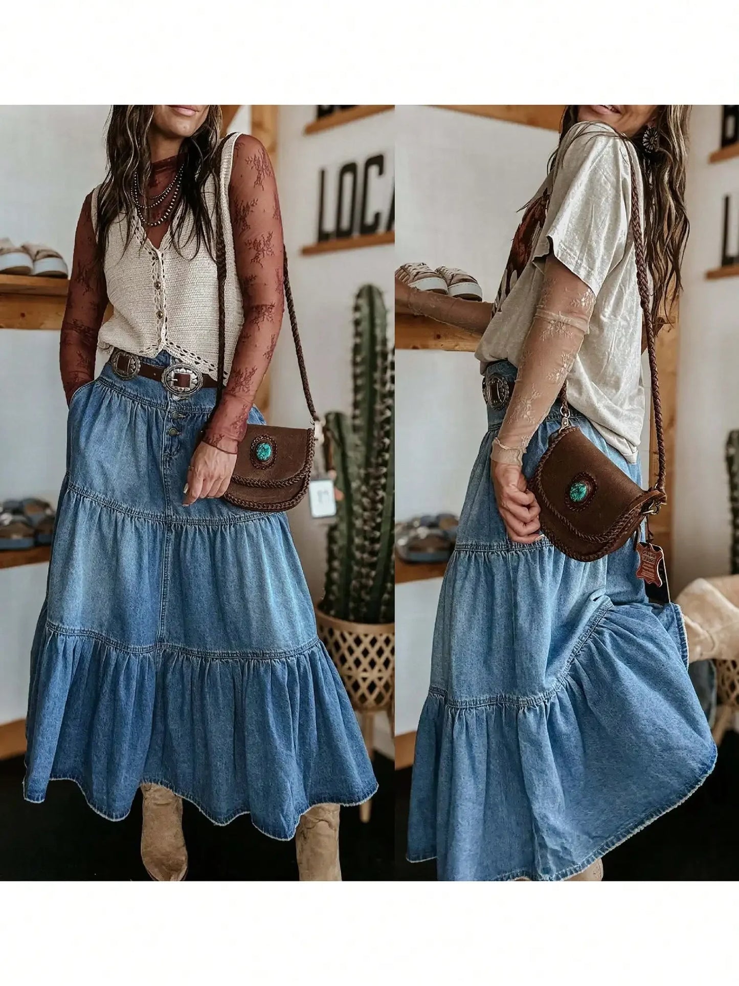 Women's High Waist Tiered Denim Skirt with Button Front and Ruffled Hem