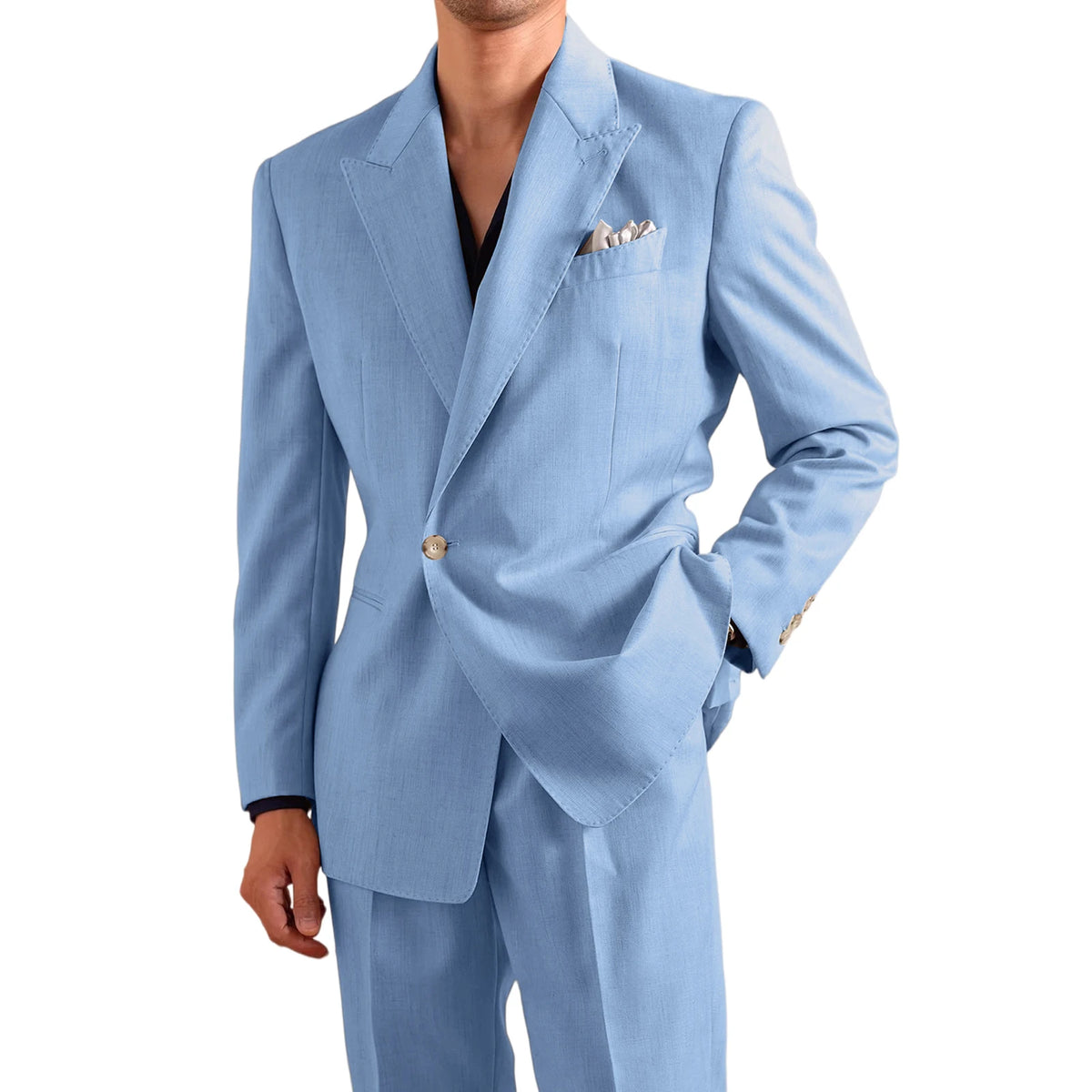 Men's Lightweight Linen 2-Piece Suit Set Peak Lapel Single Button Blazer Trousers Slim Fit Formal Summer Wedding Business Casual