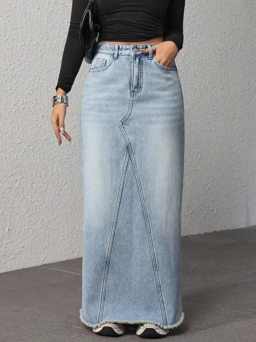 Women's High-Waisted Wide-Leg Denim Skirt with Frayed Hem