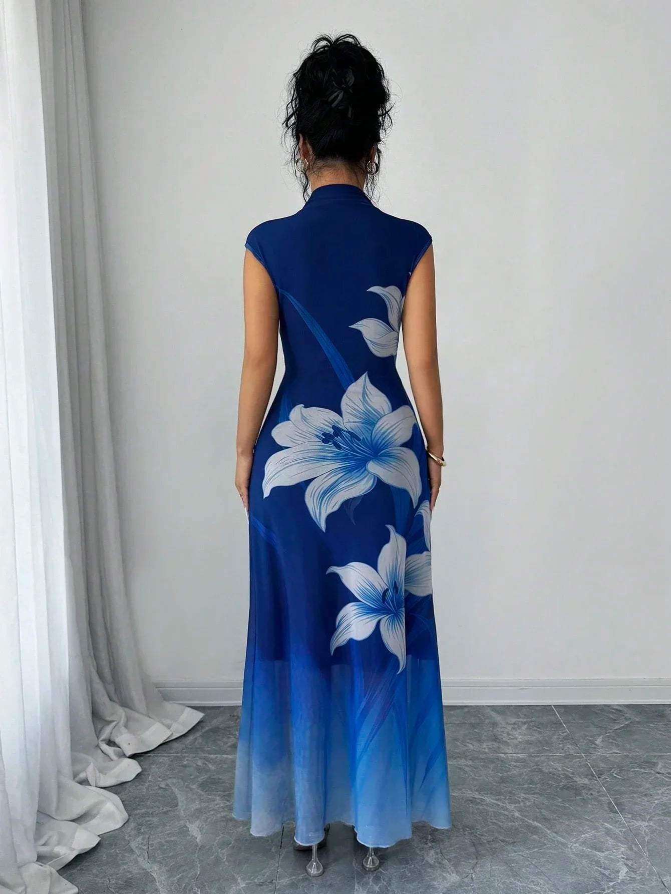 Navy Blue Ombre Mesh Floral Print Elegant Fitted A-Line Floor Length Dress