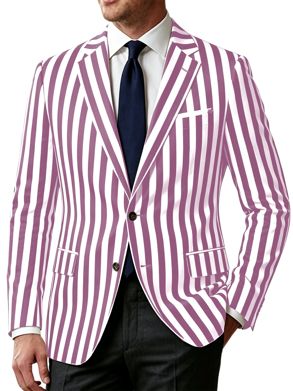 Men's Vertical Striped Blazer Slim Fit Single Breasted Casual Business Sport Coat Lightweight Formal Jacket For Office Wedding