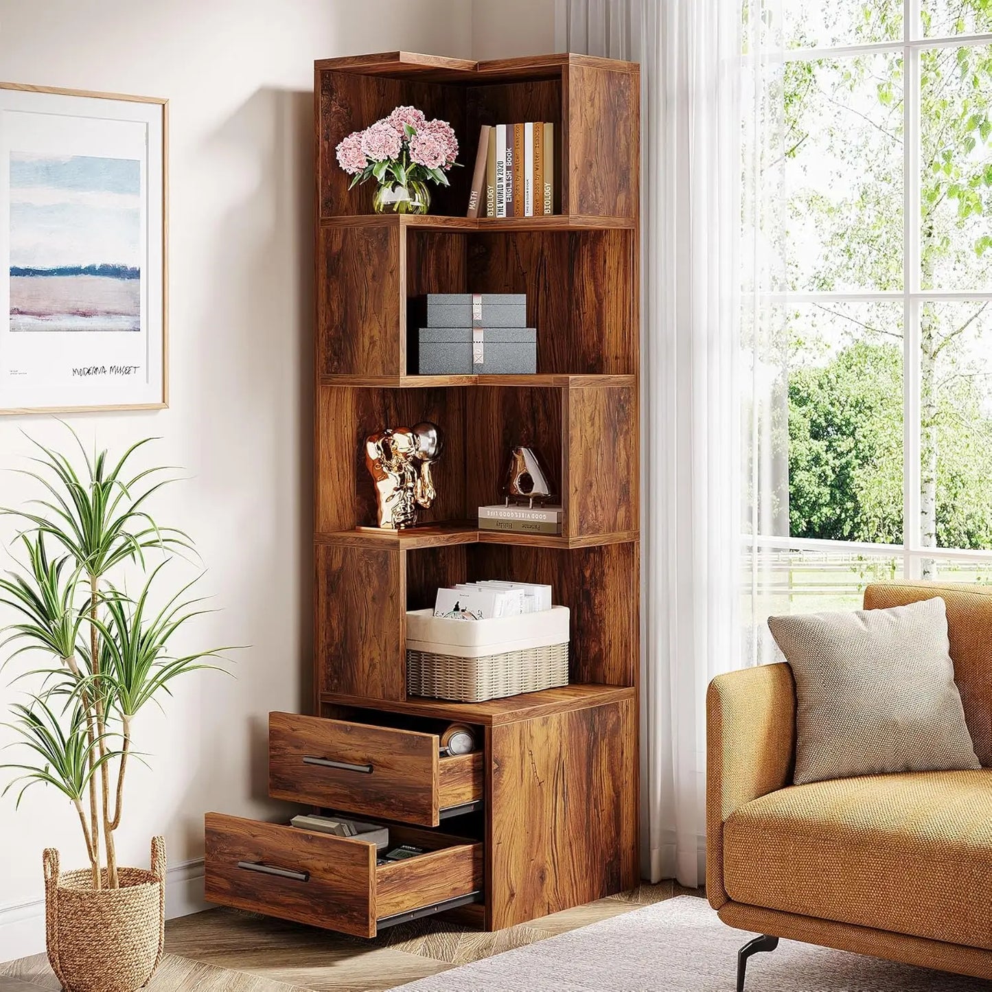 5-Tier Corner Bookshelf With 2 Drawers Mid-Century Modern Storage