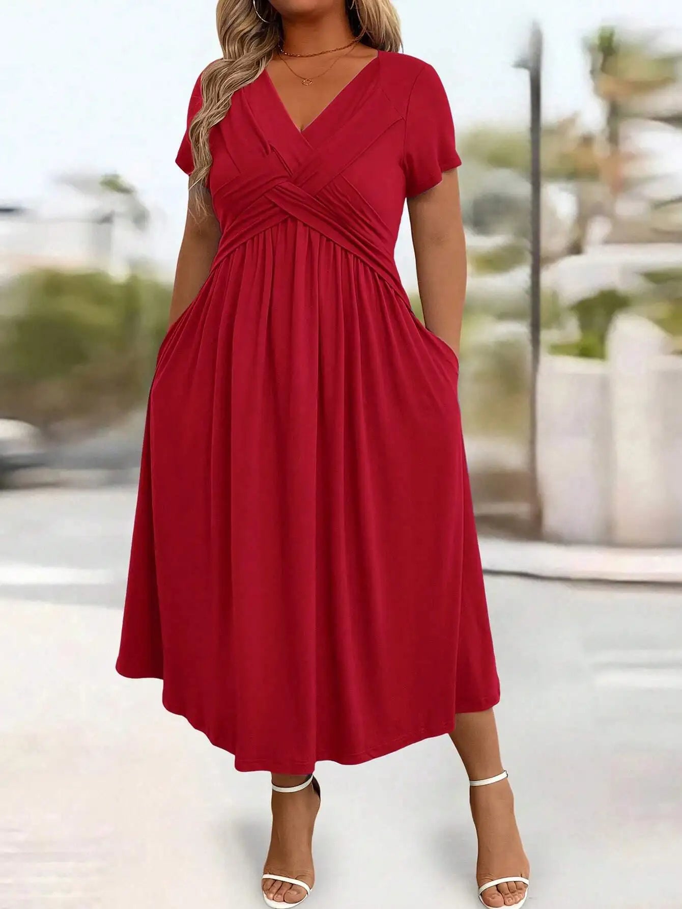 Casual Solid Color Twist Front A-Line Midi Dress For Women