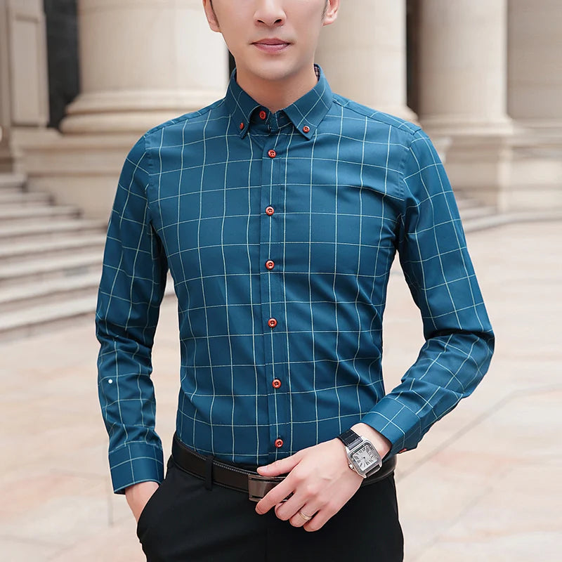 BROWON Brand Shirts Men Long Sleeve Turn-down Collar Plaid Pattern Men's Shirt Smart Casual Business Shirt Plus Size M - 5XL