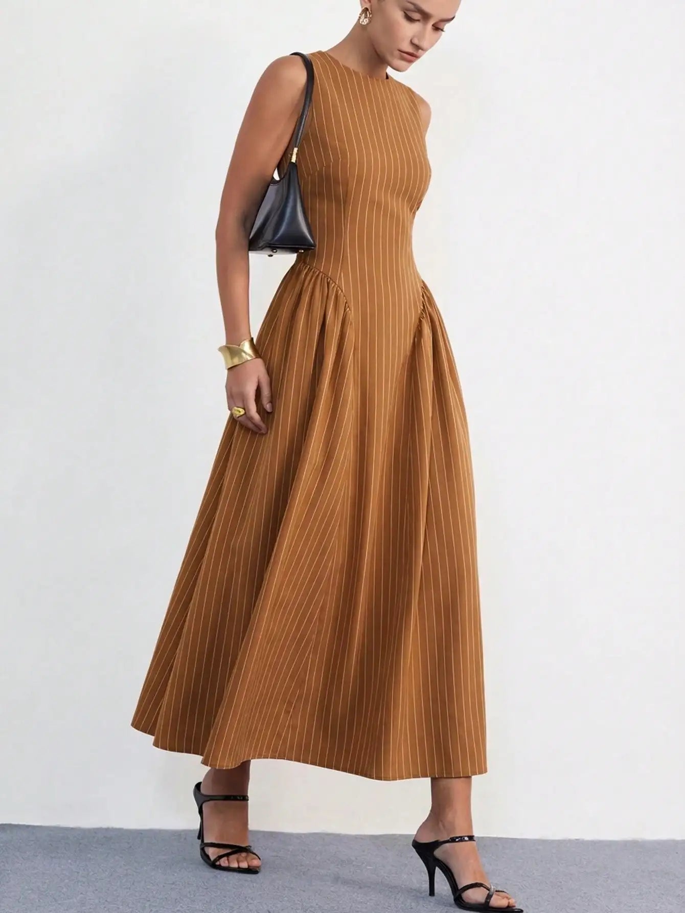 Sleeveless Pinstripe Princess Dress With Ruched Flared Skirt Round Neck Waist Cinched Elegant Midi Dress