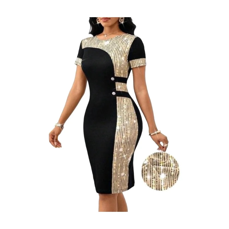 Women's Round Neck Short Sleeve Color Block Bodycon Midi Dress For Business Banquet Evening Event Formal Fashion Occasions