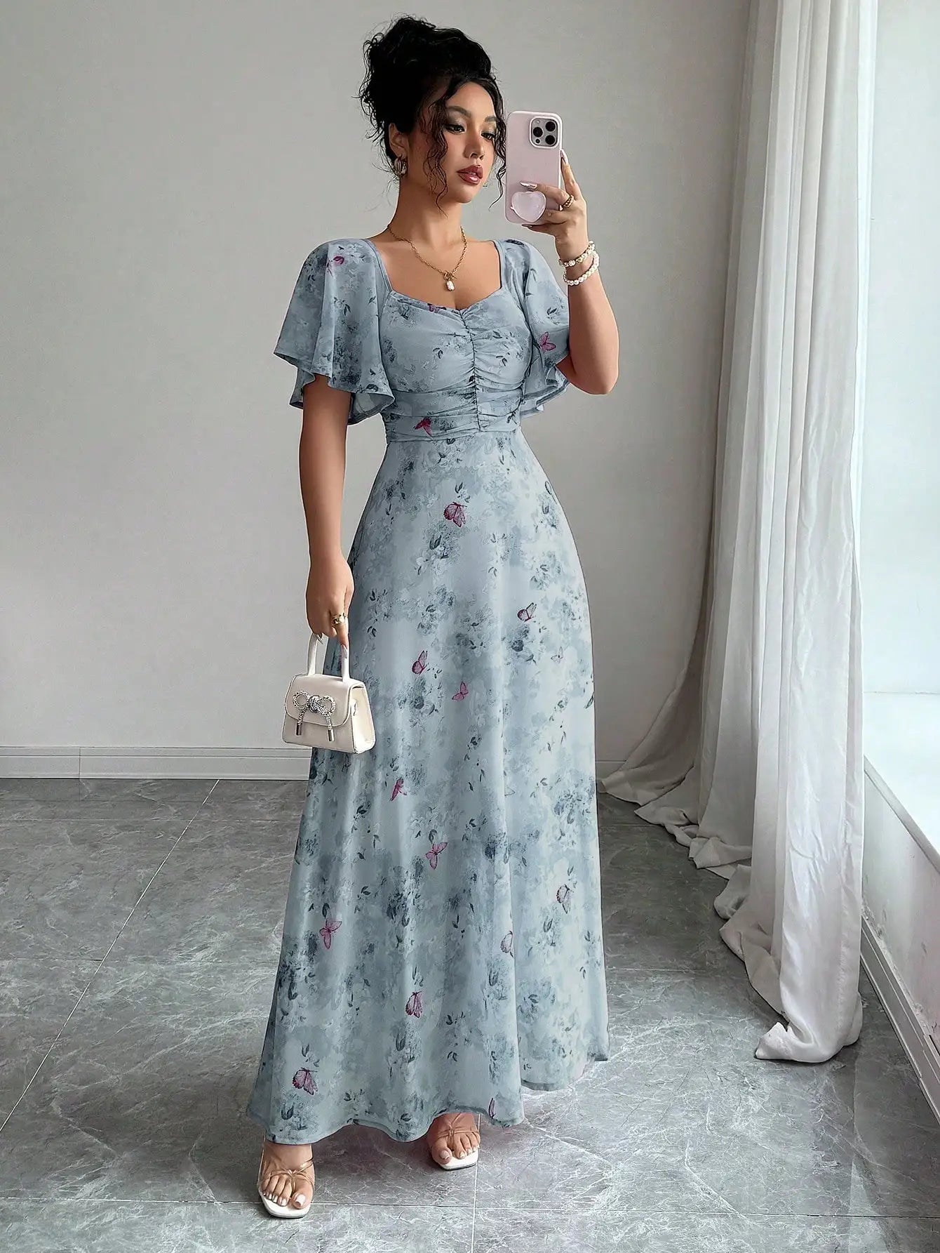 Women's Chiffon Butterfly Print Ruched Square Neck Batwing Sleeve Maxi Dress
