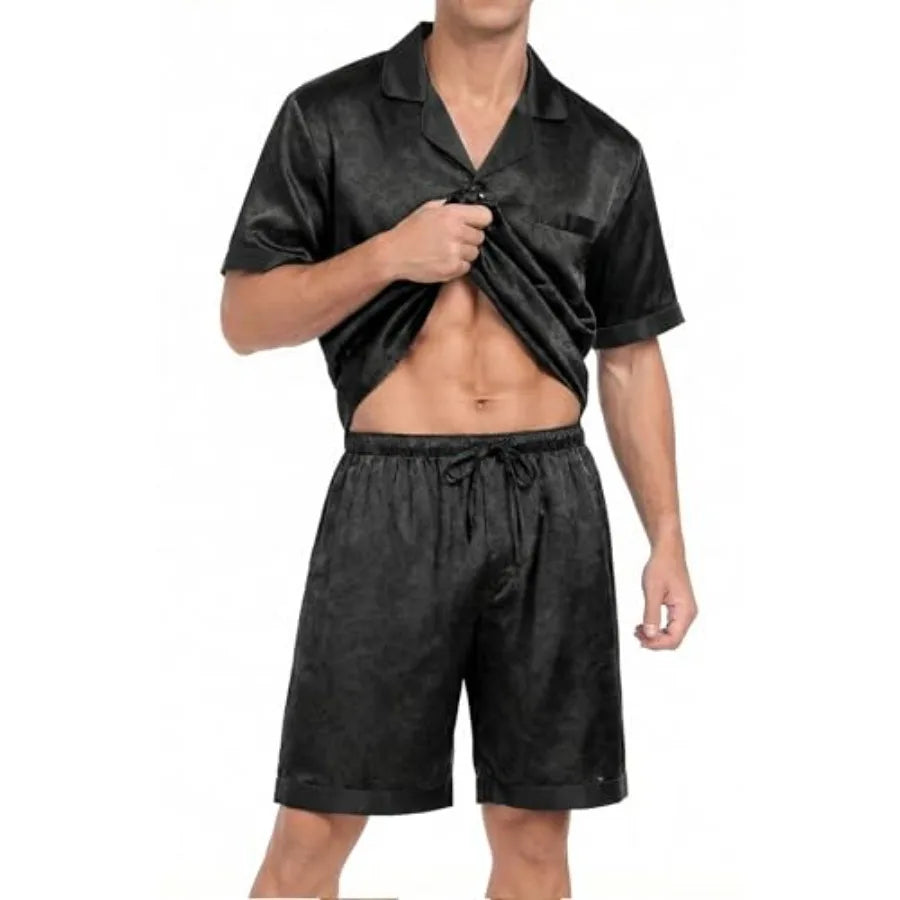 Men Satin Silk Pajamas Set with Pockets Sleepwear Shorts Satin Summer Loungewear 2 Pcs Button Down Set S-3XL