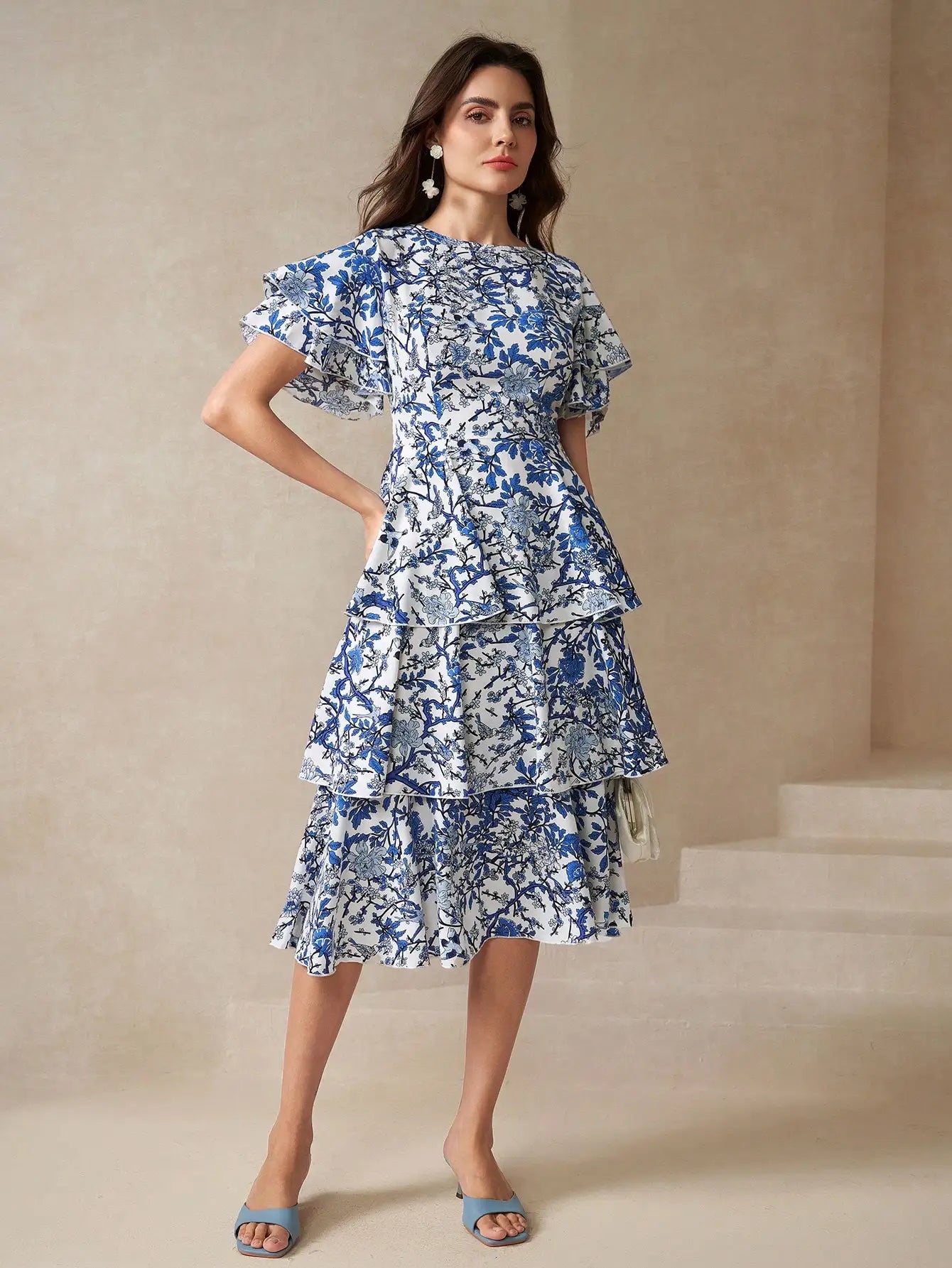 Butterfly Sleeve Layered Hem Floral Print Dress