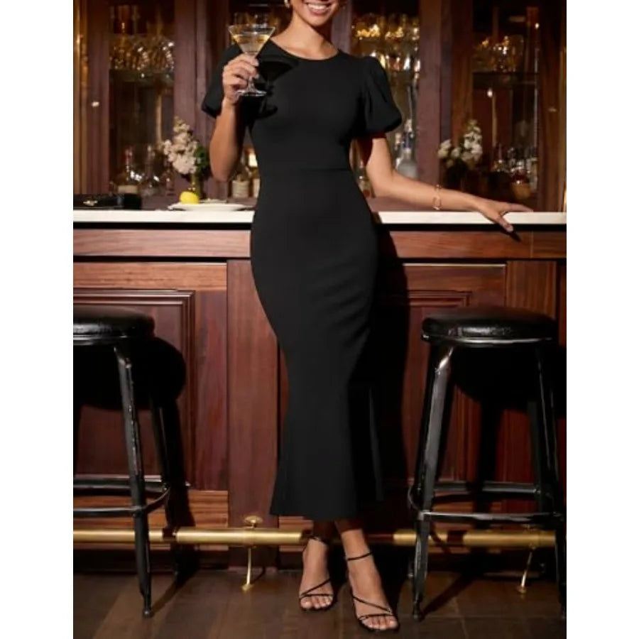 ZESICA Women's Summer Short Sleeve Bodycon Midi Dress 2026 Spring Elegant Formal Wedding Guest Cocktail Party Dresses