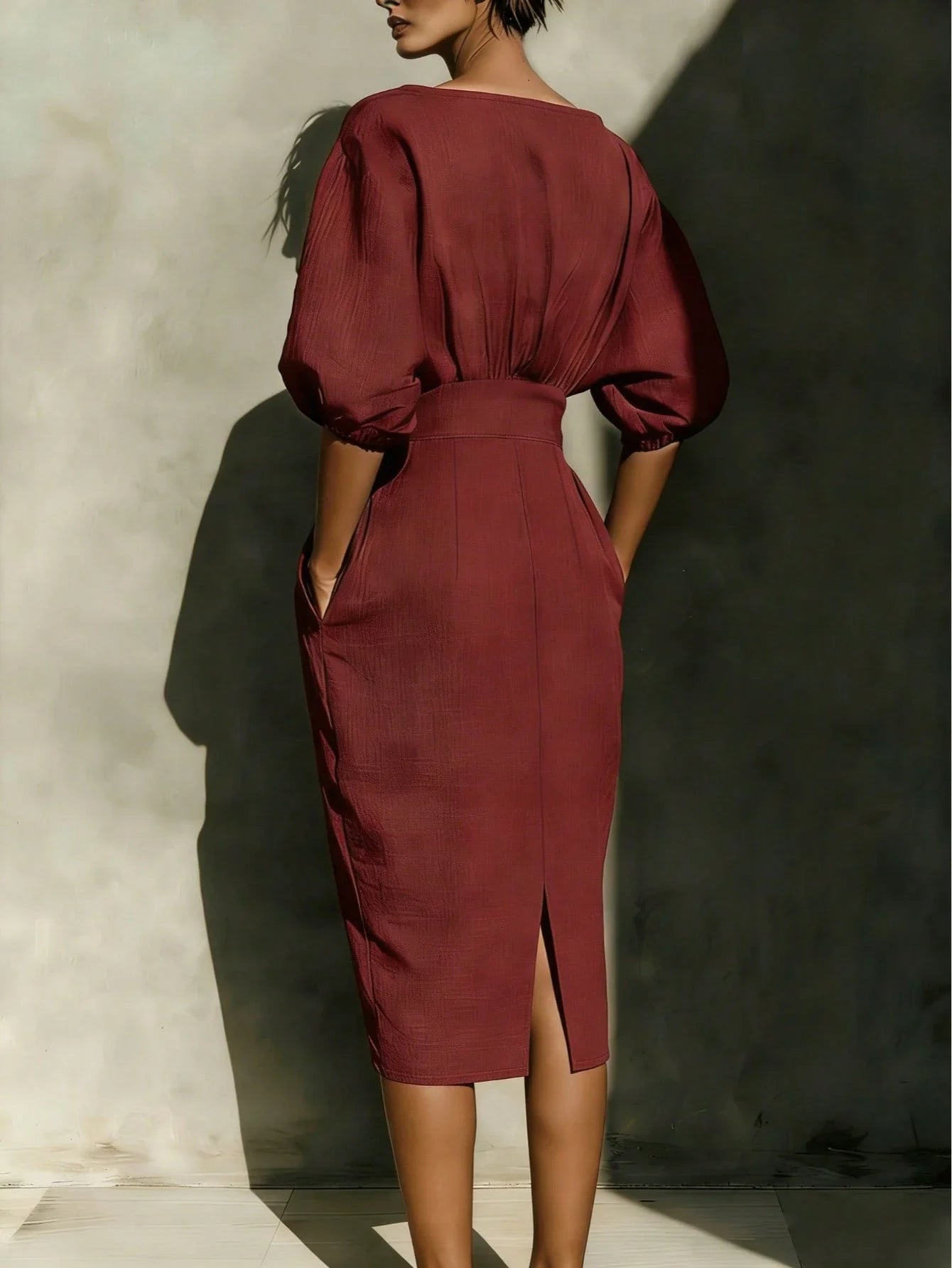 Elegant Wine Red Round Neck Midi Dress With Pockets And Back Slit