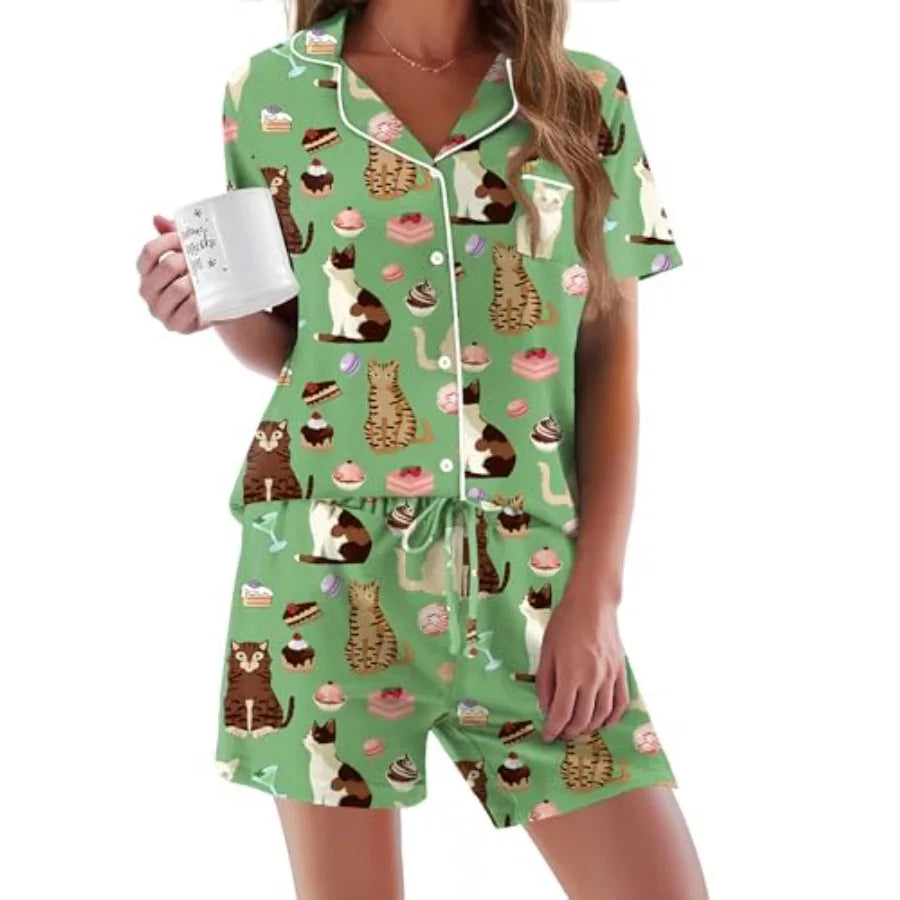 Ekouaer Pajamas Set for Women Short Sleeve Sleepwear Button Down Pjs Soft 2 Pcs Lounge Sets XS-XXXL