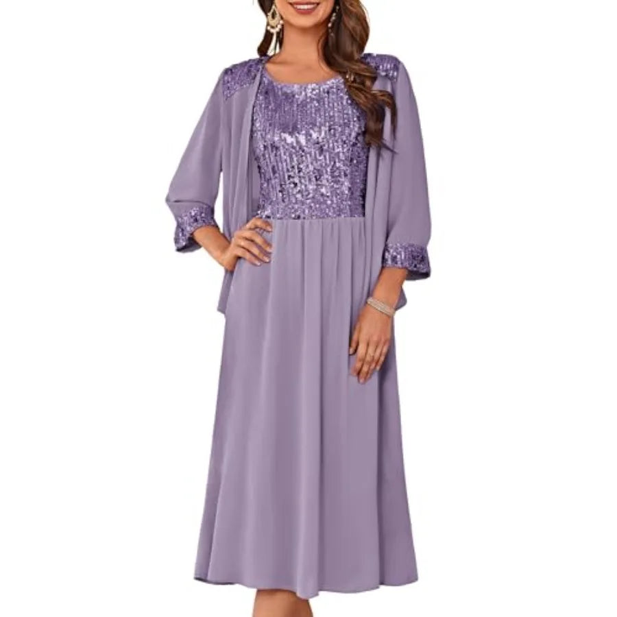 GRACE KARIN Wedding Guest Dress, Mother of The Bride Dresses, Two Pcs Formal Sequin Dress with Jacket Tea Length 2026