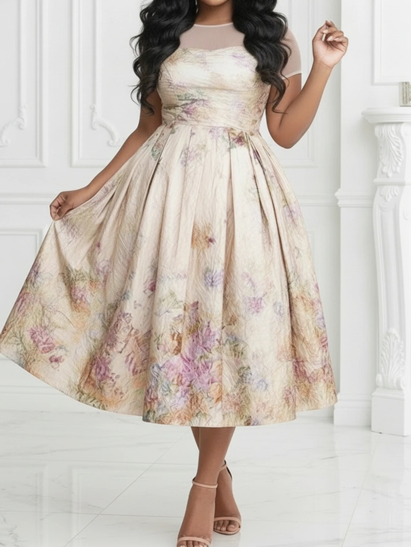 Women's Mock Neck Short Sleeve Printed Pleated Midi Dress For Daily Banquet Wedding Guest Gentle Fashion Occasions