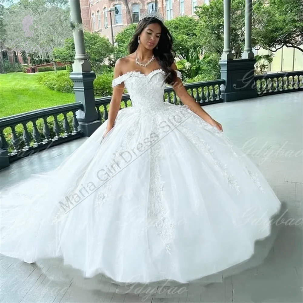 Ball Wedding Beauty Pageant Pink Off-Shoulder Dance Party For  Party Lace Tulle Court Train Formal Birthday Princess Gowns