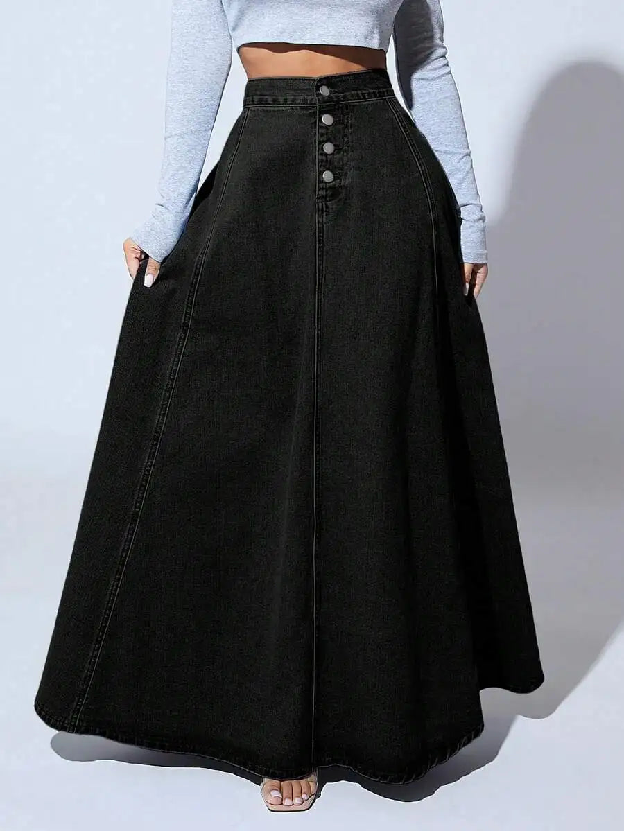 Front Button High-Waisted Denim Maxi Skirt for Women