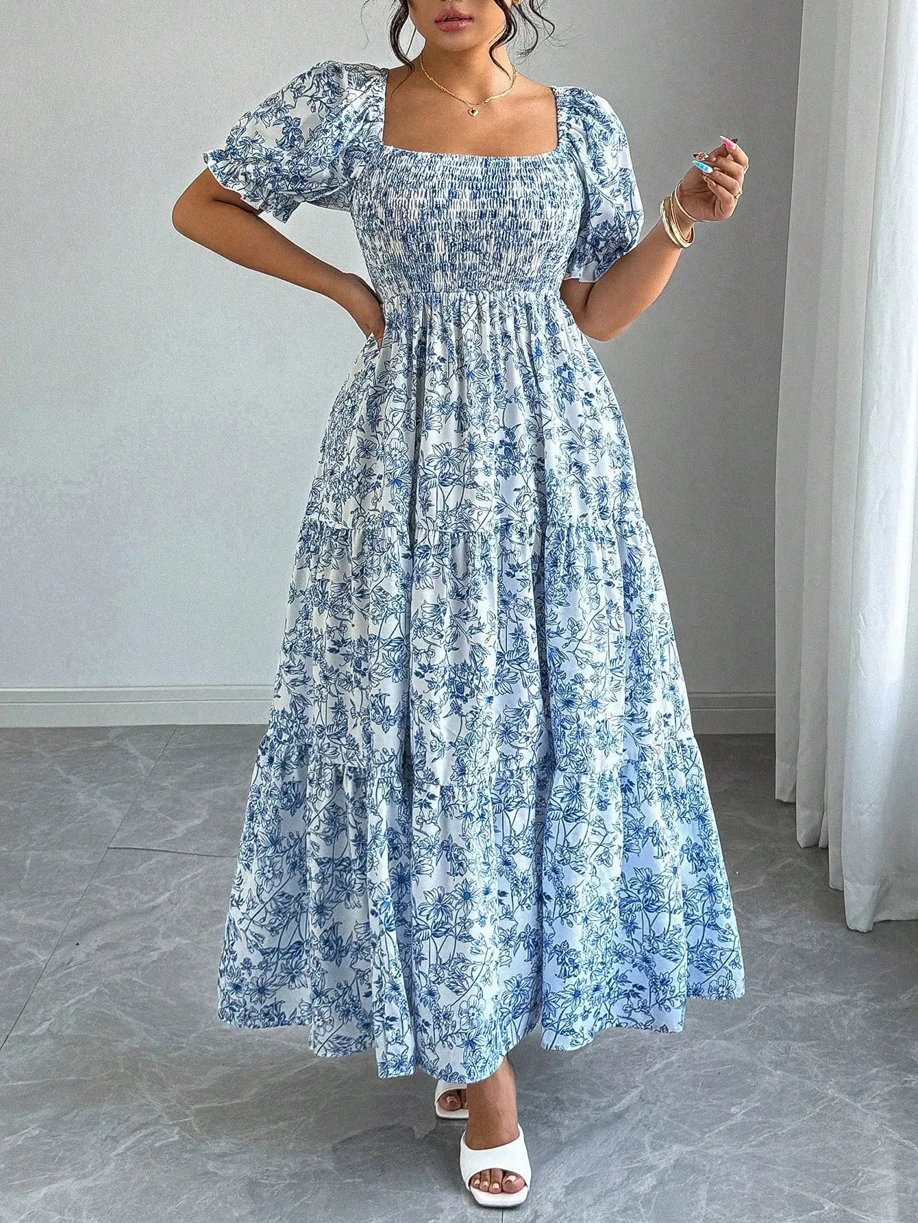 Elegant Square Neck Puff Sleeve Tiered Floral Maxi Dress