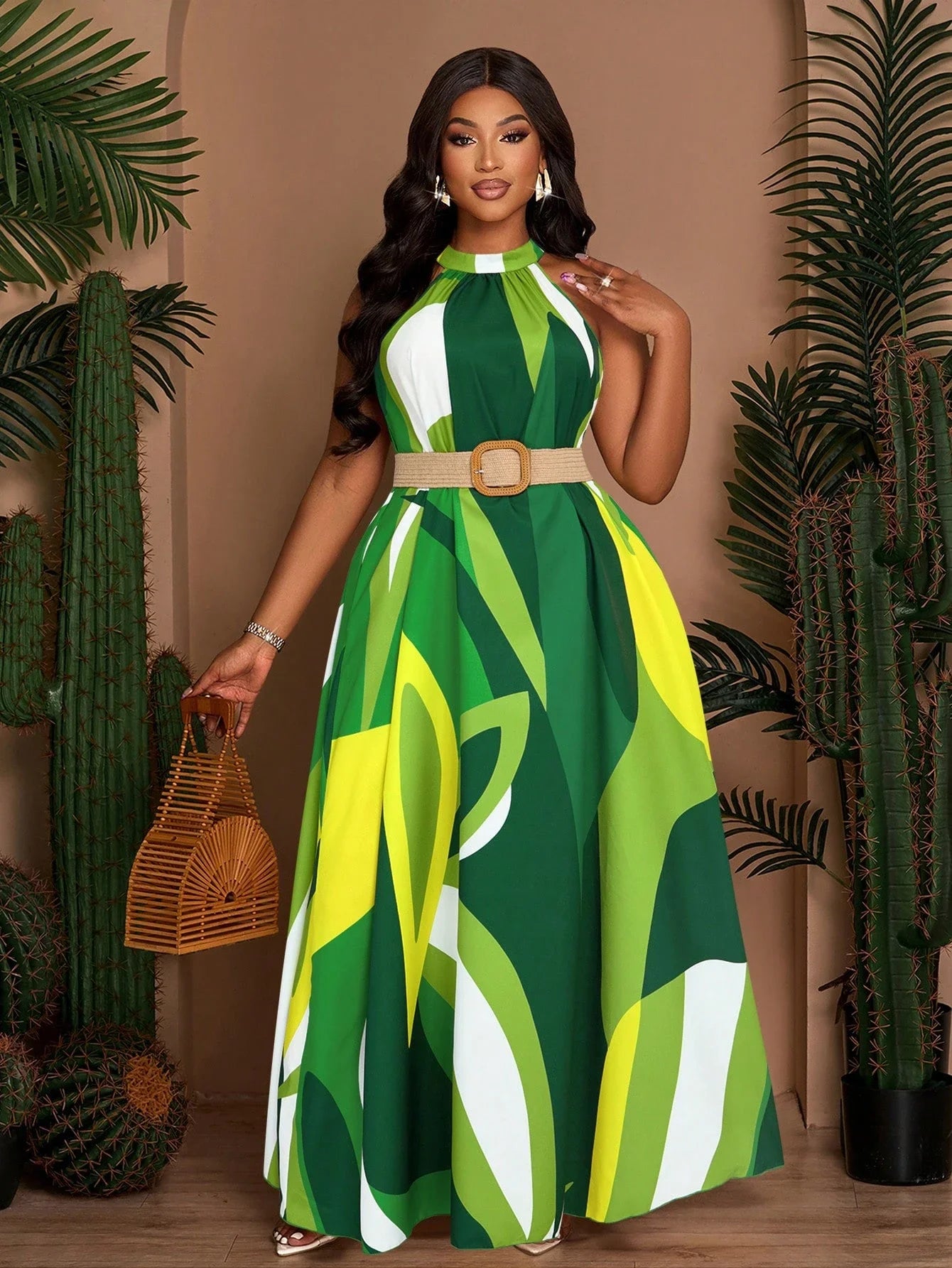 Plus Size Women Sleeveless Halter Neck A-Line Printed Long Dress With Pockets