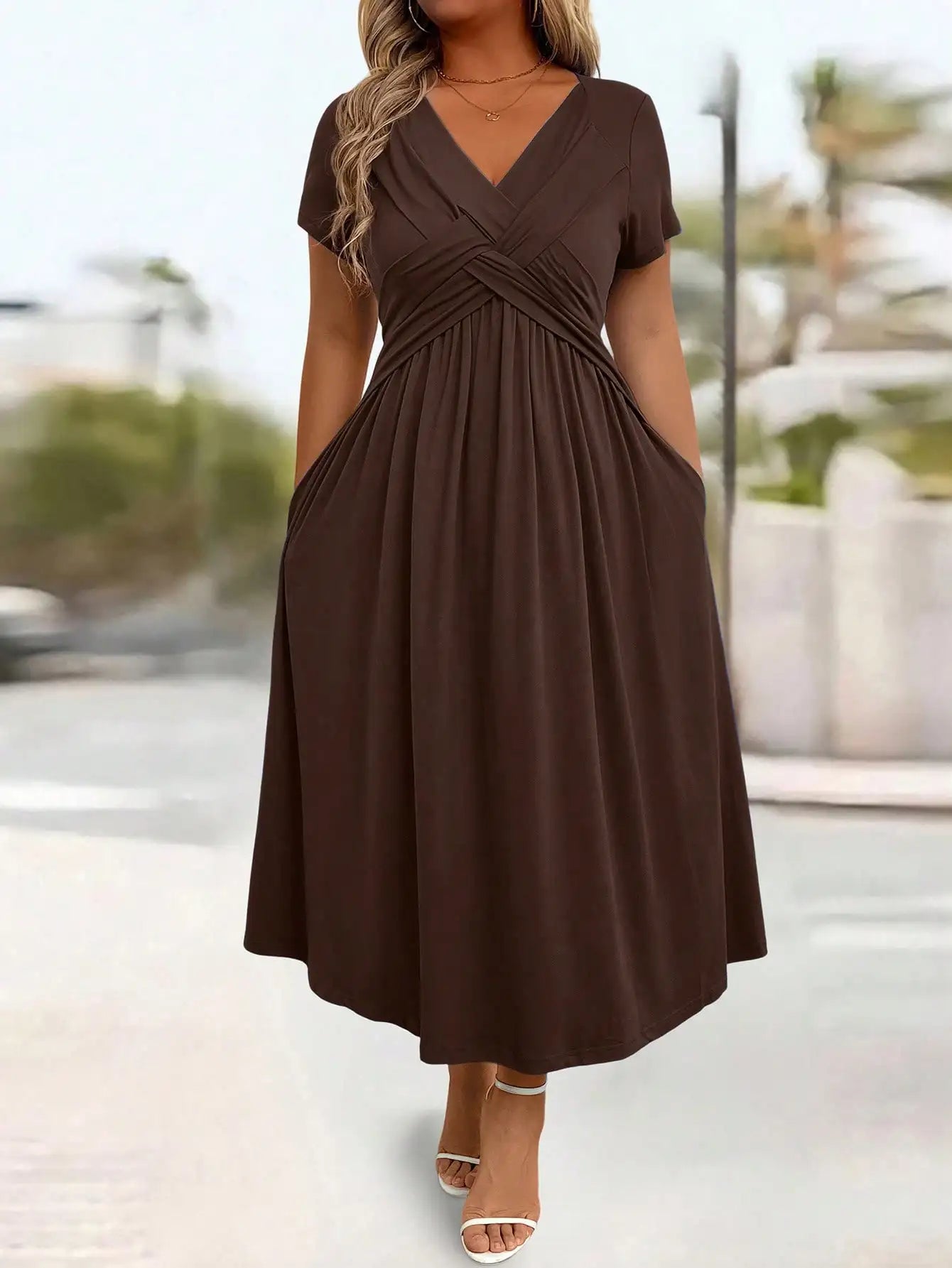 Casual Solid Color Twist Front A-Line Midi Dress For Women