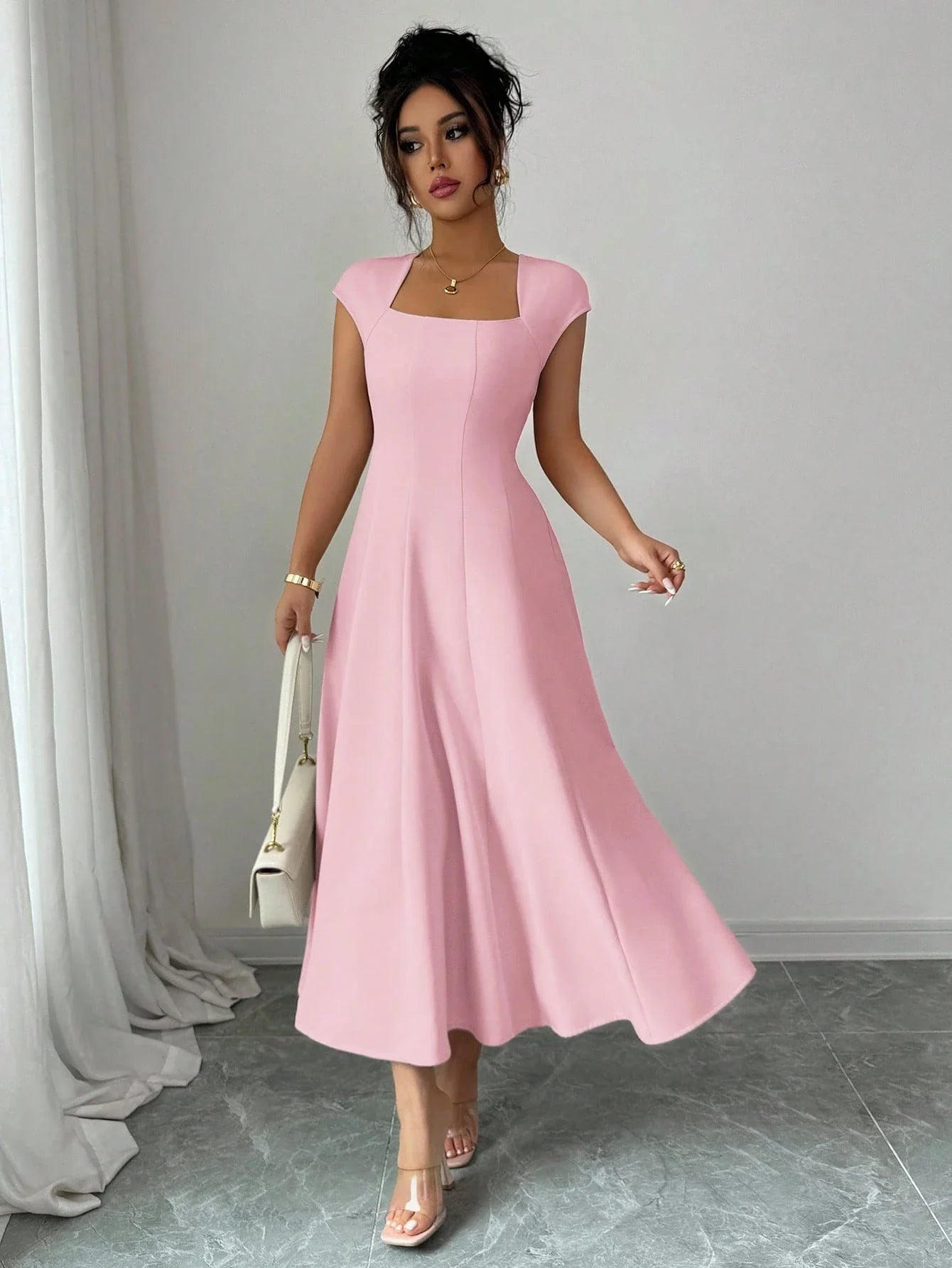 Elegant Solid Color Square Neck Short Sleeve A-Line Midi Dress For Women