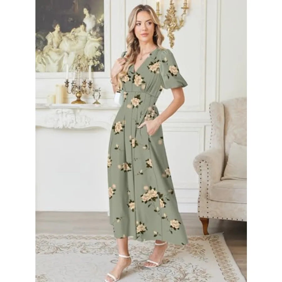 Caracilia Women's Floral Maxi Dress, Spring Wedding Guest Formal Party, V Neck Puff Sleeve Full Lined, Summer Casual Dresses
