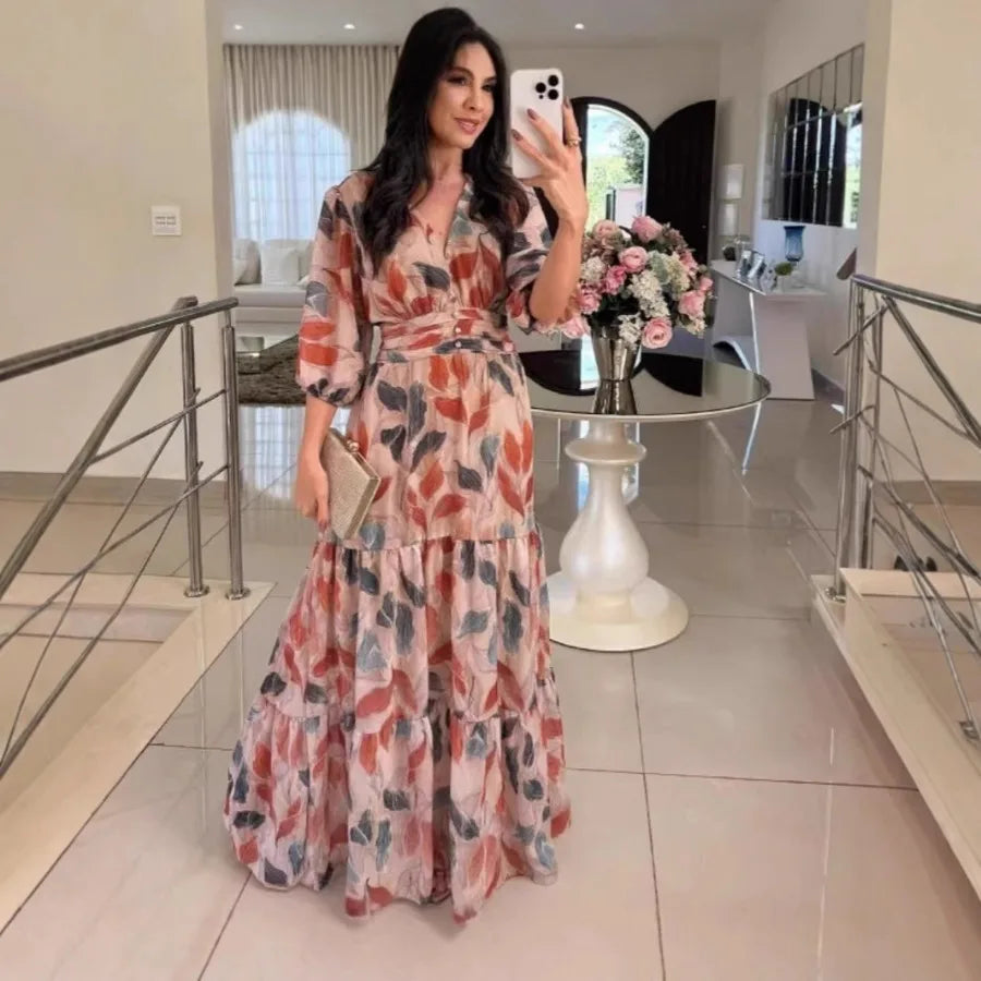 2026 European and American women's clothing summer new style V-neck fashionable elegant printed long dress for women