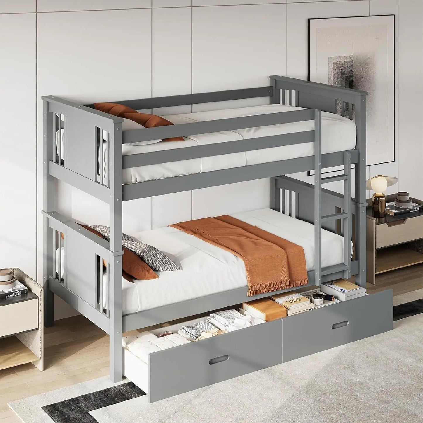 Bunk Bed Twin Over Twin with Storage Drawers, Gray Convertible Wood Twin Bunk Beds with Ladder and Safety, Customized