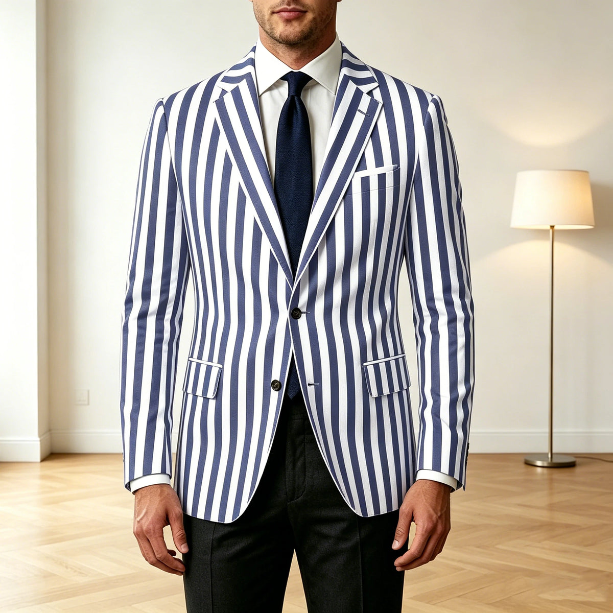 Men's Vertical Striped Blazer Slim Fit Single Breasted Casual Business Sport Coat Lightweight Formal Jacket For Office Wedding