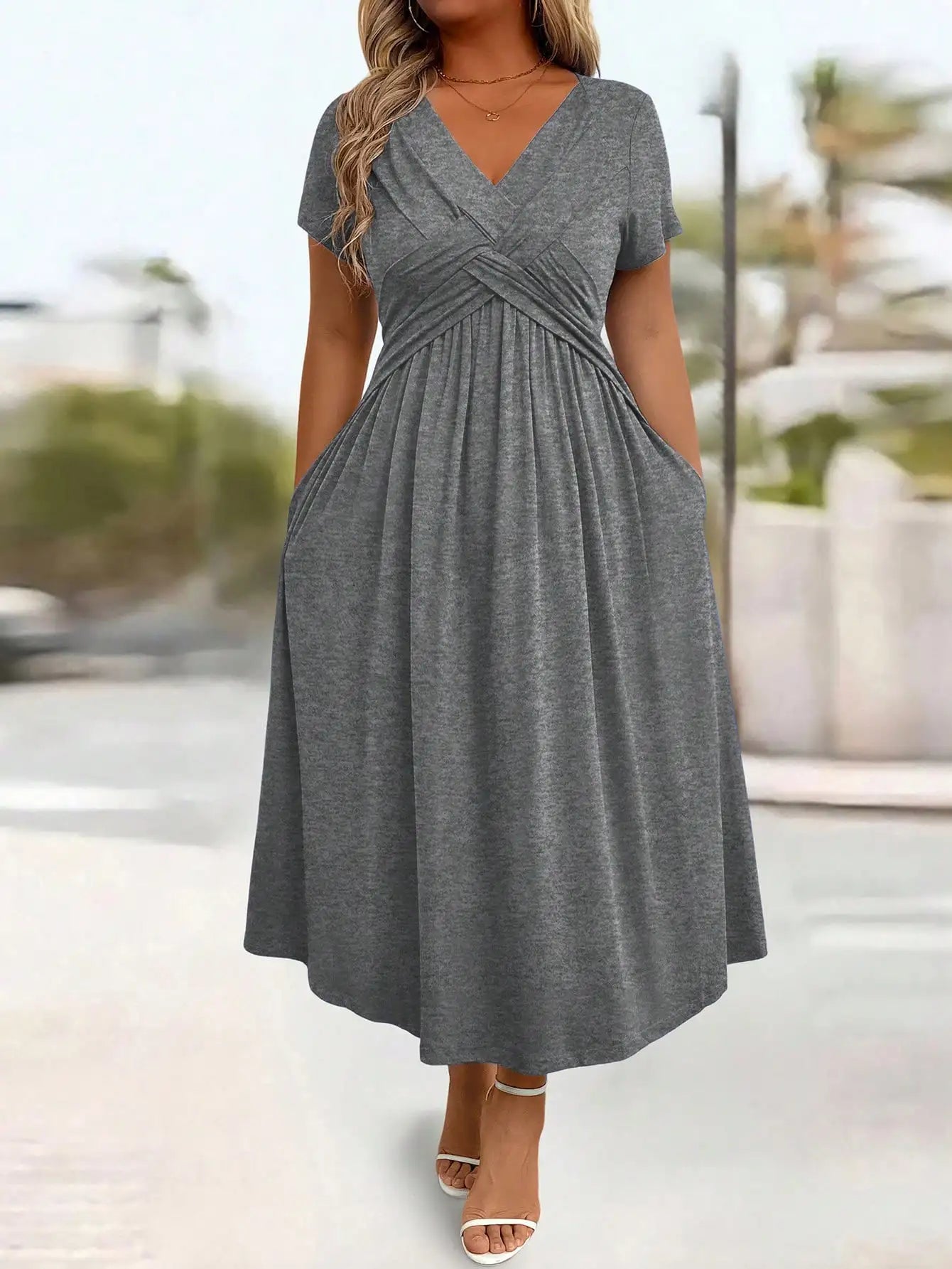 Casual Solid Color Twist Front A-Line Midi Dress For Women