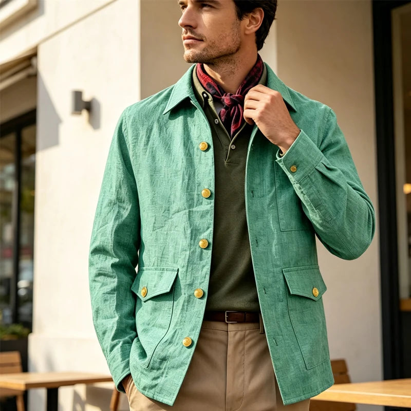 Mens Vintage Linen Jacket With Breathable Gold Button Lapel Design