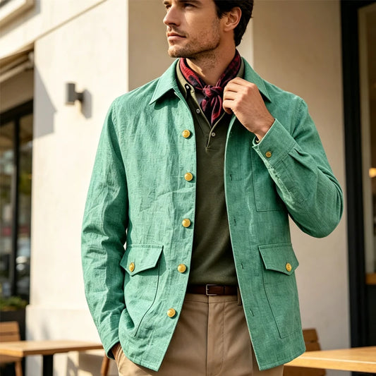 Mens Vintage Linen Jacket With Breathable Gold Button Lapel Design