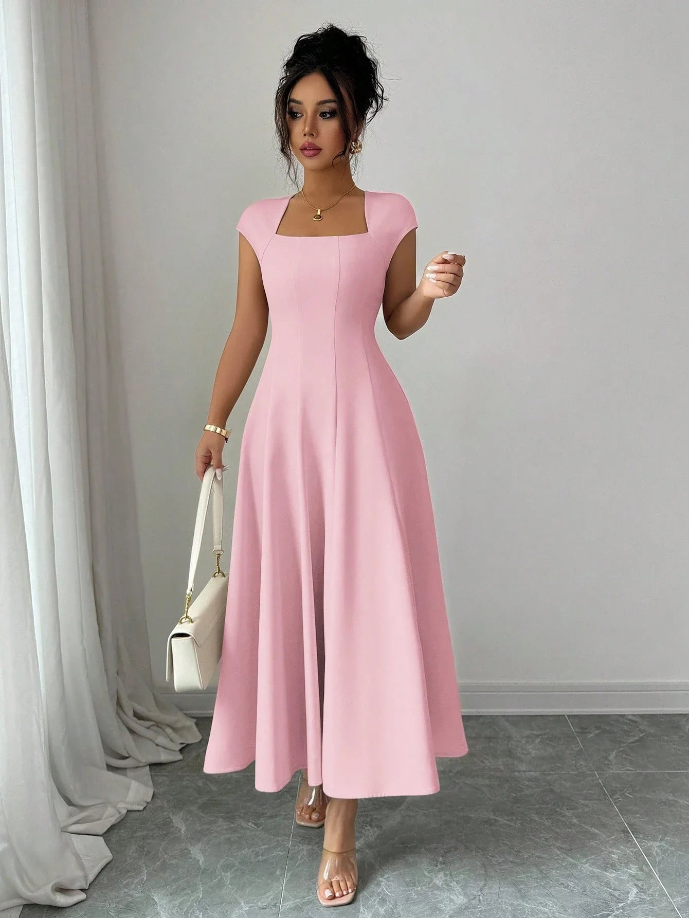Elegant Solid Color Square Neck Short Sleeve A-Line Midi Dress For Women