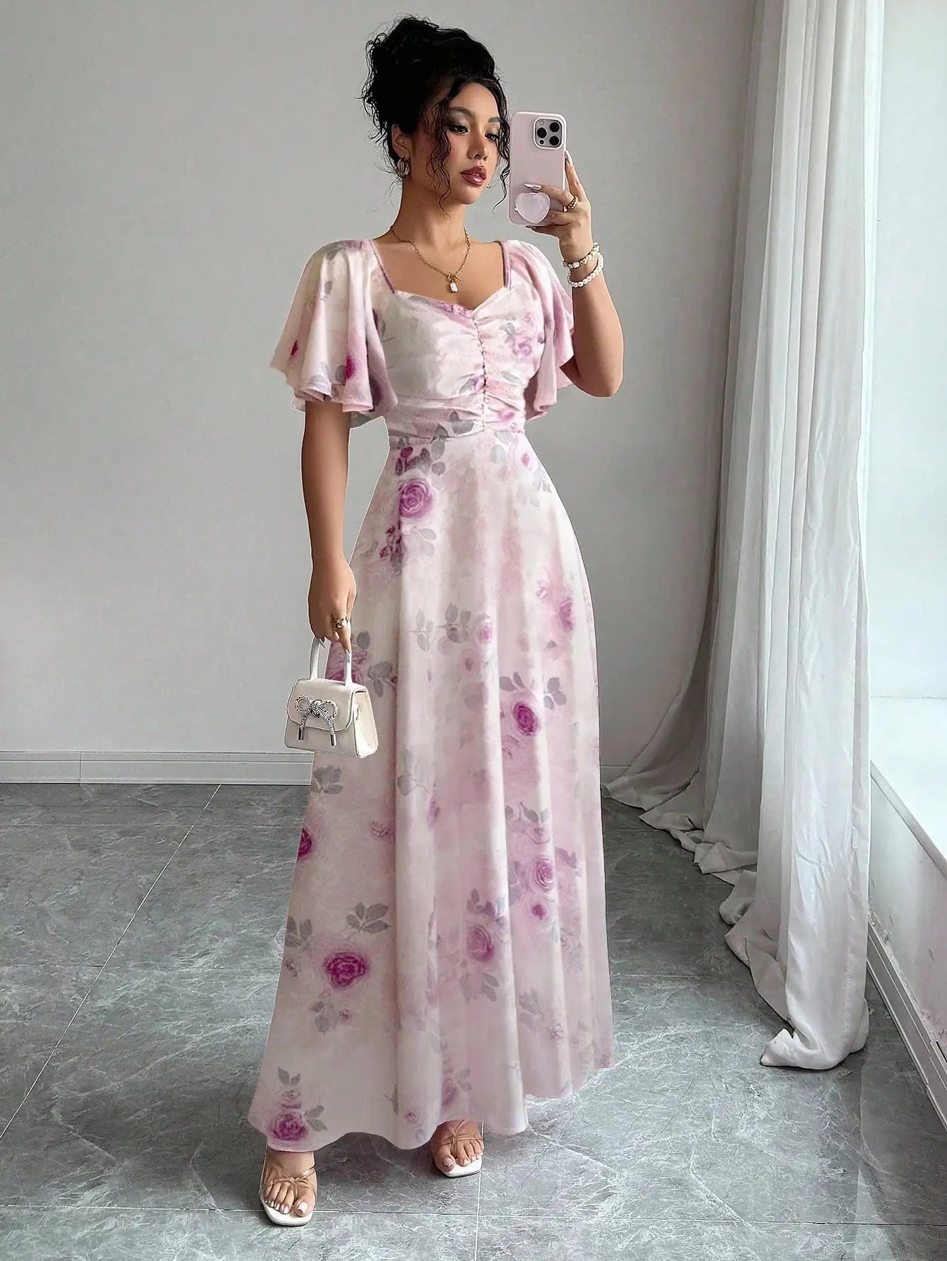Women's Chiffon Butterfly Print Ruched Square Neck Batwing Sleeve Maxi Dress