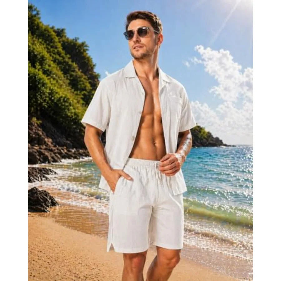 DAVID ARCHY Mens Pajamas Set, Breathable Cruise Vacation Outfit, Short Sleeve Shirt and Shorts, Summer Beach Loungewear