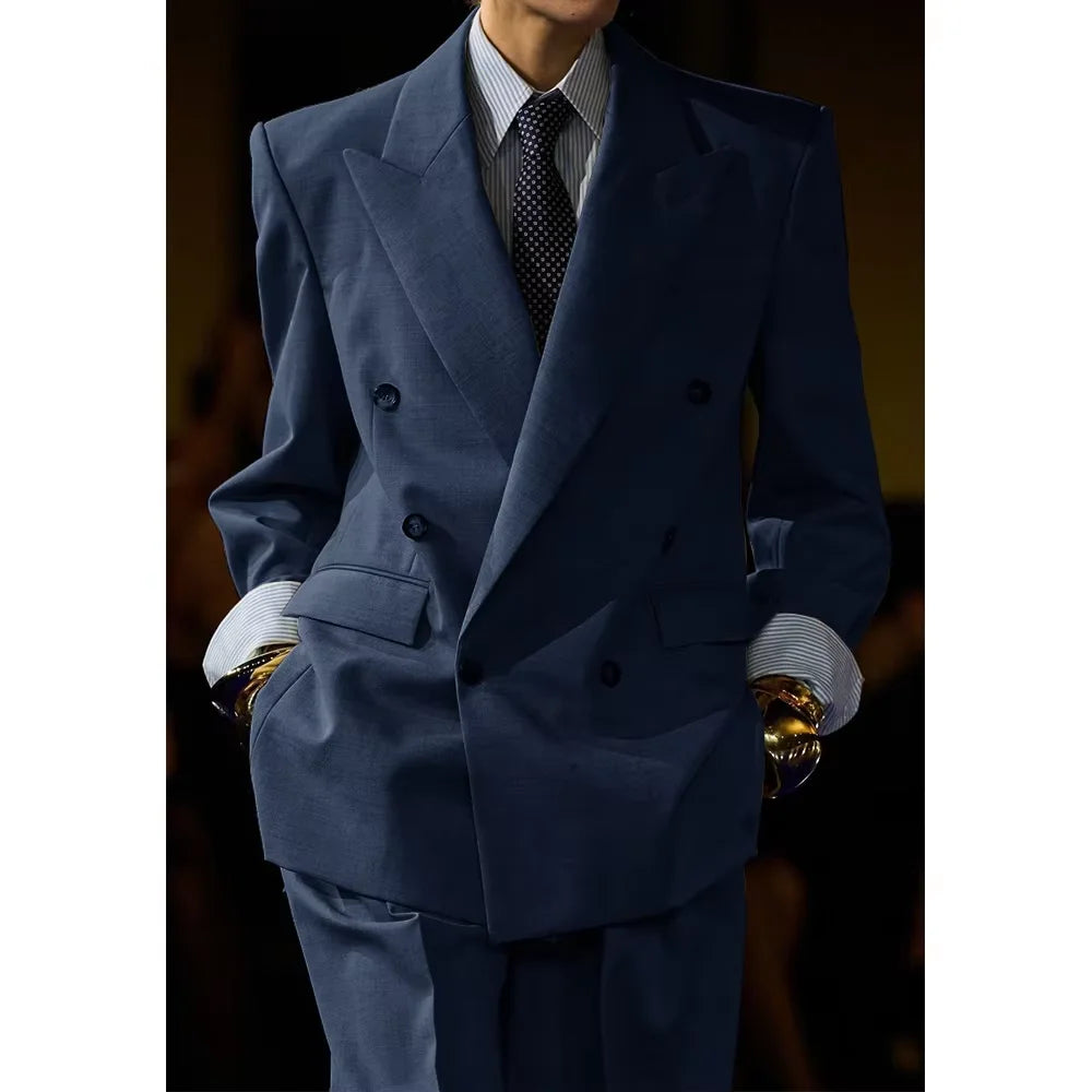 Men's Linen Suit Set Double Breasted 2 Pieces Peak Lapel Oversized Breathable Soft Formal Jacket Pants Outfit Business Casual