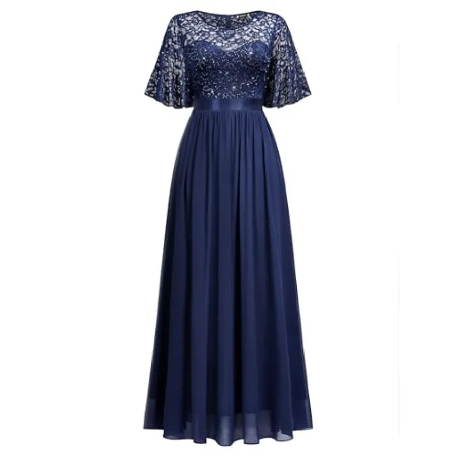 Women's Elegant Sequin Lace Butterfly Sleeve Formal Evening Maxi Dress