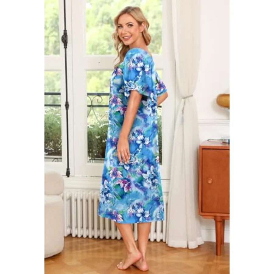Ekouaer 2 Pack House Dresses for Women with Pockets Short Sleeve Moo Moos Floral Print Mumu Dresses